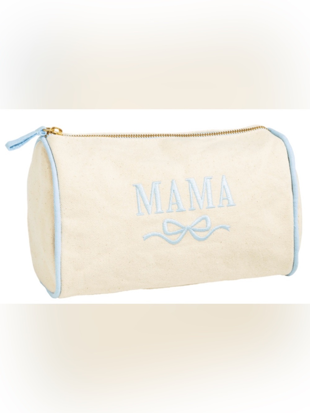 Mud Pie Mama Embroidered Cosmetic Bag in Cream with Light Blue Trim